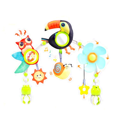 Koty Baby Stroller Arch Toy with Teether, Rattle, Crinkle Sound, Mirror & Music Box, Newborns Sensory Activity Carrier Take-Along Toy, Adjustable for Bouncers, Car Seat & Pram 0M+(Toucan)