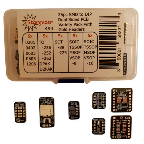 Stargazer Enterprises Stargazer 25 Piece Dual Sided SMD to DIP Variety Pack with 40 Fitted Gold Plated Headers [SOIC/TSSOP-8/16, DPAK, D2PAK, SOT-23, SC-59, TO-236, TO-252, TO-263, SOT-89, SOT-223, 0405, 0603, 0805,1206]