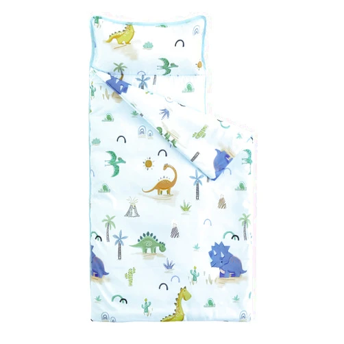 Wake In Cloud - Toddler Nap Mat with Pillow and Blanket, for Kids Boys Girls in Kindergarten Daycare Preschool Pre K, Roll Up Sleeping Bag, Jurassic Dinosaur Dino, Light Blue Brown, Standard