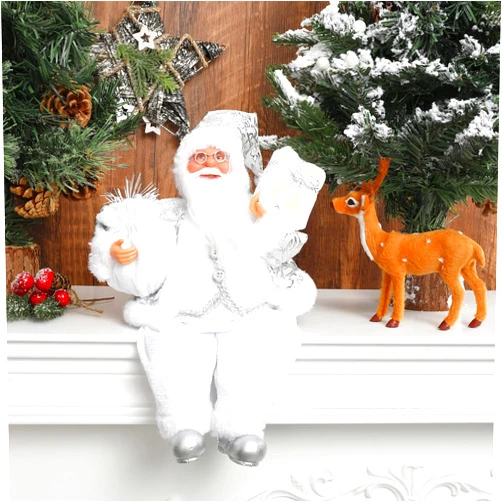 AnyDesign Christmas Sitting Santa Hand Crafted White Silver Coat Santa Claus Figurines Doll with Gift Bag and Presents Christmas Decoration for Home Office Table Xmas Party Ornament Gift