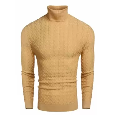 COOFANDY Men's Turtleneck Knit Casual Cable Ribbed Pullover High Neck Sweaters 1 - Khaki Small