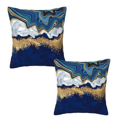 Tebjh Blue and Gold Abstract Marble Pillow Covers 18x18 Set of 2, Navy Blue and Gold Throw Pillow Covers Outdoor Decorative Pillow Case for Couch Bed Sofa Cushion Home Decor