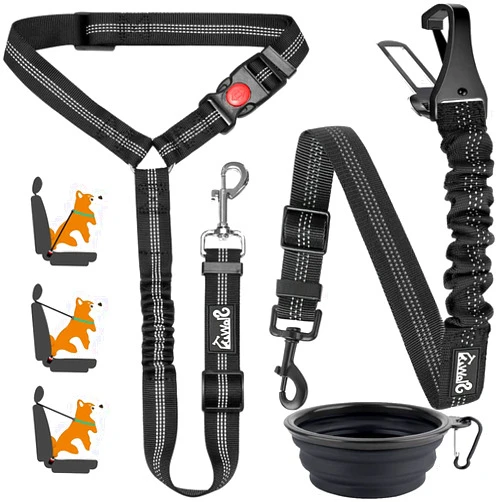 Lukovee Dog Seatbelt Leash for Cars, 2 Pack Pet Safety Car Seat Belt with Adjustable Buckle & Reflective Bungee, Connect Dog Harness in Vehicle Car Dogs Restraint Travel Daily Use (Black)