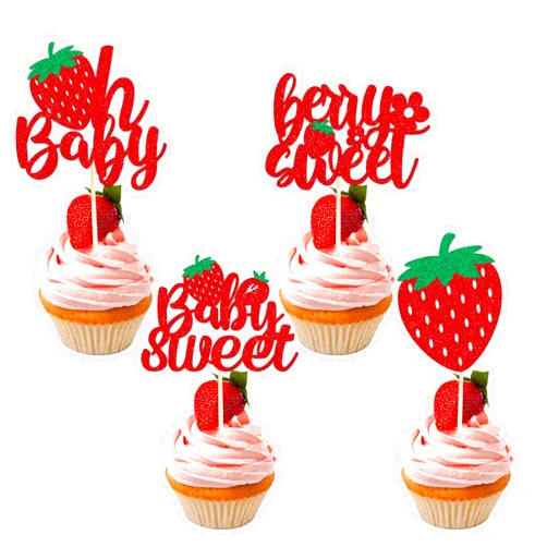 Wxiben Strawberry Oh Baby Cupcake Toppers - 36PCS Glitter Strawberry Shortcake Decorations Strawberry Baby Shower Decorations Baby Sweet Cupcake Toppers Strawberry Shortcake Baby Shower Cupcake Decor