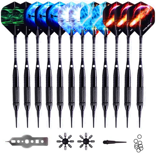 WIN.MAX Darts Plastic Tip - Soft Tip Darts Set - 12 Pcs 18 Gram with 100 Extra Dart Tips 12 Flights Flight Protectors and Wrench for Electronic Dart Board