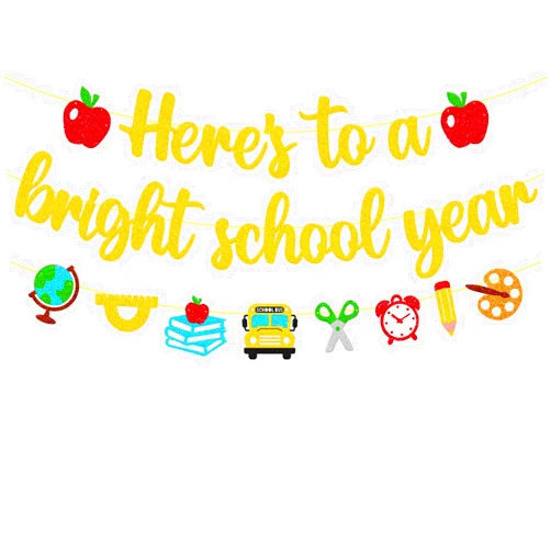 Levvcirki Here’s to a Bright School Year Banner Welcome Back School Party Decorations for Children Kids Celebrating First Day of School Classroom Party Supplies