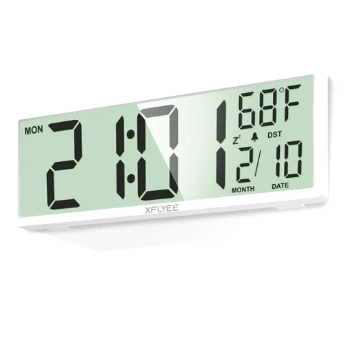 Xflyee 14.5'' Large Digital Wall Clock Battery Operated with Jumbo Numbers, Auto DST, Day, Date, Alarm, Temperature for Living Room, Bedroom, Desk Decor, Gift, LCD Screen Display Easy to Read and Set