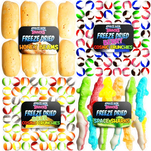 Space Age Snacks Freeze Dried Candy Variety Pack with 4 Kinds of Freeze Dried Candy - Sour Cosmic Crunchies, Honey Beams, Berry Cosmic Crunchies and Space Sharks Shipped in Box for Protection