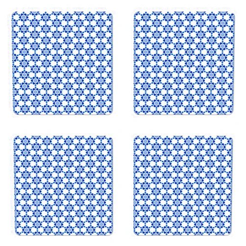 Lunarable Moroccan Coaster Set of 4, Ottoman Oriental Tile Mosaic Image Hexagonal Honeycomb Shaped, Square Hardboard Gloss Coasters, Standard Size, Turquoise Blue