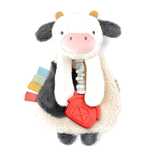 Itzy Ritzy - Itzy Lovey Including Teether - Baby Lovey with Teether, Textured Ribbons & Dangle Arms - Features Crinkle Sound, Sherpa Fabric and Minky Plush (Cow)