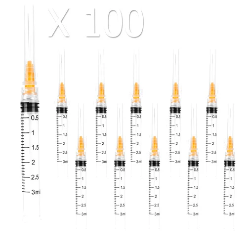 A AKRAF 100 Pack Disposable 3ml Syringes with Needle 25G 1”, Sterile Luer Lock Syringe Individually Packaged for Labs, Liquid Measuring, Oil