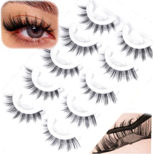 YDAGKH Self Adhesive Lashes Manga Lashes Natural Look Press On Lashes No Glue Needed Reusable Self Adhesive Eyelashes without Eyeliner Clear Band Anime Lashes Short 8-15mm Cat Eye Pre Glued Strip Lashes