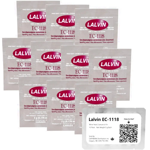 Lalvin EC-1118 Wine Yeast (10 Pack) - Champagne Yeast - Make Wine Cider Mead Kombucha At Home - 5 g Sachets - Saccharomyces cerevisiae - Sold by CAPYBARA Distributors Inc.