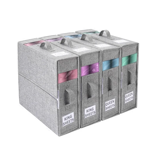 Fineonly 4 Pack Bed Sheet Organizers and Storage Foldable Linen Sheet Organizer with Window and Label Organizing Bedding Container Queen King Size for Blankets Clothes Sheet Set