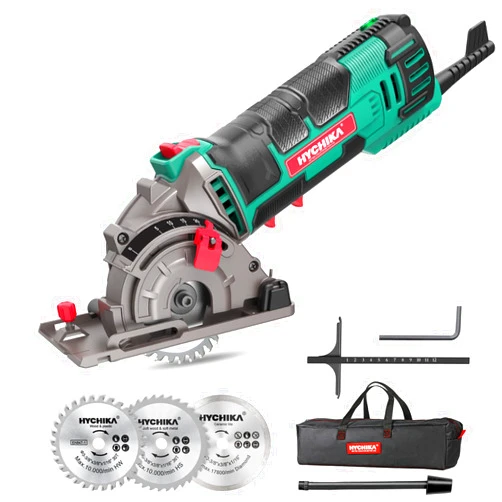 HYCHIKA BETTER TOOLS FOR BETTER LIFE Mini Circular Saw, HYCHIKA Compact Circular Saw Tile Saw with 3 Saw Blades 4A Pure Copper Motor, Scale Ruler, 3-3/8”4500RPM Ideal for Wood, Soft Metal, Tile and Plastic Cuts