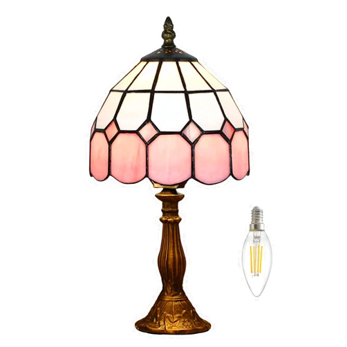 Meimond Table Lamp Tiffany-Style 8 Inch Mediterranean Series Stained Glass Lampshades Small Bedside Lamp Reading Antique Desk Light Livingroom Bedroom Office Vintage Art De(Color:Pink)