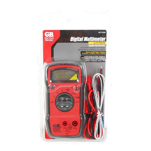 Gardner Bender GDT-3200 Digital Multimeter, 7 Funct., 7 Range, Tests AC/DC Volt, Resist, Diode, Continuity, Temp and Battery, Auto Ranging, Red With Black Rubber Boot