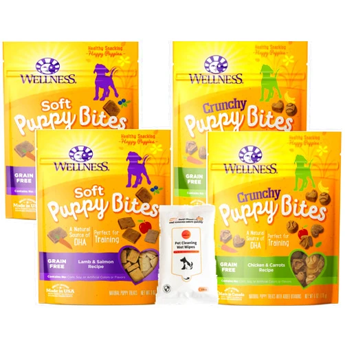 Aurora Pet Variety Pack (4) Wellnes Soft Puppy Bites Training Treats (2) Lamb & Salmon (2) Chicken & Carrots with AuroraPet Wipes