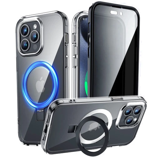 YXUㅤ YXU Privacy Case for iPhone 15 Pro Max with Magnetic Invisible Stand [120° Foldable Durable Ring][Built-in Anti Peep Screen Protector] Full Body Slim Clear Back Phone Case Cover 6.7