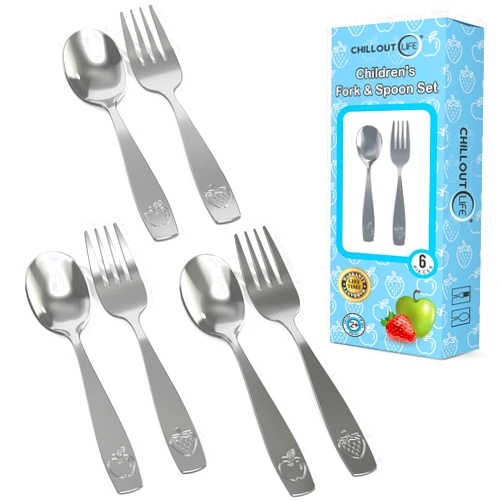 CHILLOUT LIFE Stainless Steel Kids Silverware Set 6 Pieces - Child and Toddler Safe Flatware - Kids Utensil Set - Metal Kids Cutlery Set (Includes 3 Small Kids Spoons & Kids 3 Forks)