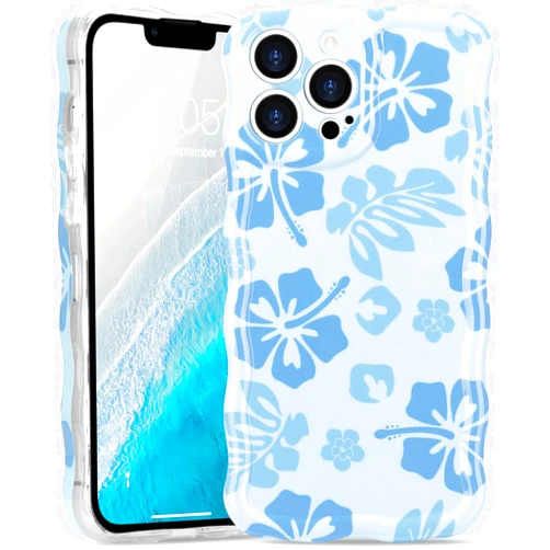 ROSEHUI for iPhone 13 Pro Max Case for Women Girls, Cute Floral Pattern Girly Curly Wave Edge Case Thin Exquisite Print Flower Protective Phone Case for iPhone 13 Pro Max(6.7 inch) -Blue
