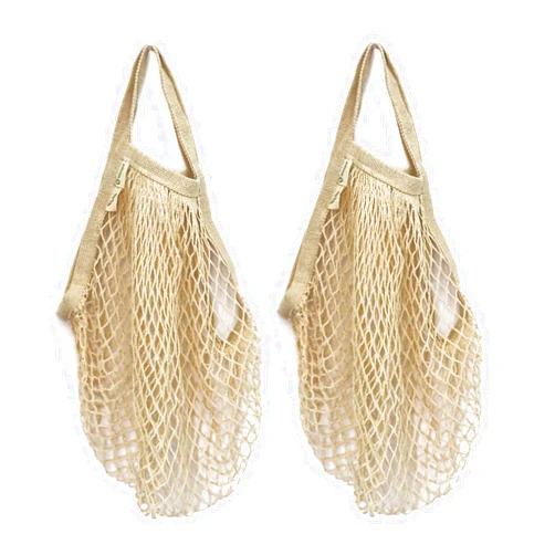 EKOLOJEE Reusable Produce Net, Grocery Washable Mesh Bags For Vegetables, 2 Pack! GOTS-Certified Organic Mesh Net Market Bag | Off-white Color Mixed: Regular Handles
