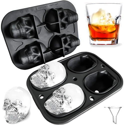 JETKONG Large Skull Ice Mold 4 Cavity Silicone Skull Ice Maker Skull Ice Cube Tray for Whiskey, Bourbon, Cocktails and Juice