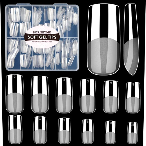 BORNBYME Meidum Square Soft Gel Nail Tips, BORNBYME 240 PCS Pre Buff Full Cover Shaped Nail Extenison Tips Half Matte Gel X Nail Tips