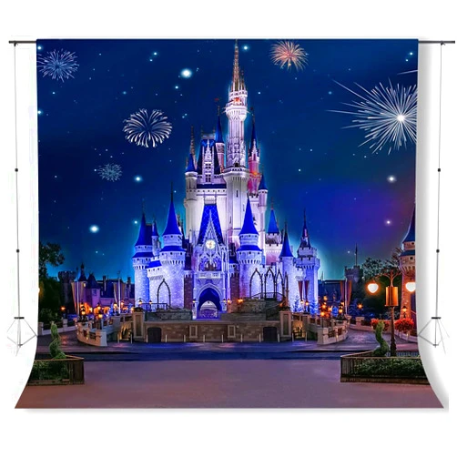 KUKUSOUL 8x8ft Castle Backdrop Night Scene Background Blue Castle Fireworks Show Background for Kids Party Family Holiday Birthday Portrait Photoshoot KU861
