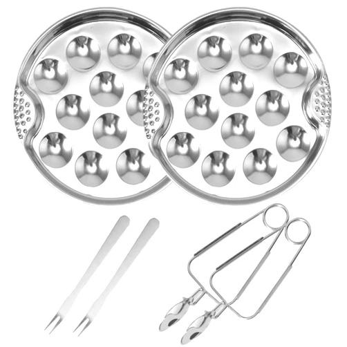 Wedhapy Escargot Plate Snail Dish Stainless Steel Escargot Dining Set 2 Sets Stainless Steel Escargot Dish with Tong and Fork Round 12 Compartment Handled Escargot Baking Dish