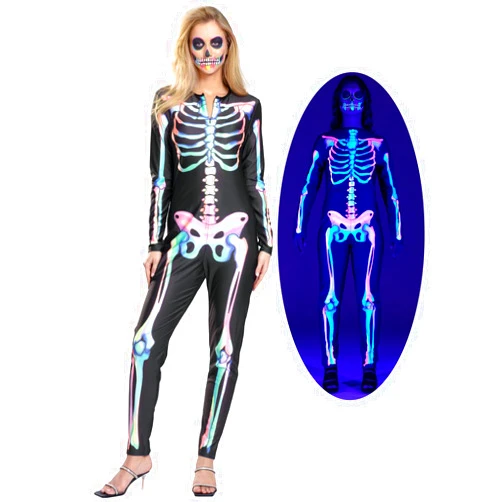 Seasons Women's Halloween Skeleton Costume, Double-Sided Colourful Pattern, Black Light Reactive