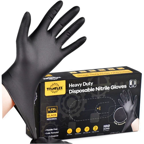 TitanFlex Heavy-Duty Black Disposable Nitrile Gloves, Box of 100, 6-mil, Fully Textured, Powder-Free, Latex-Free, Non-Sterile