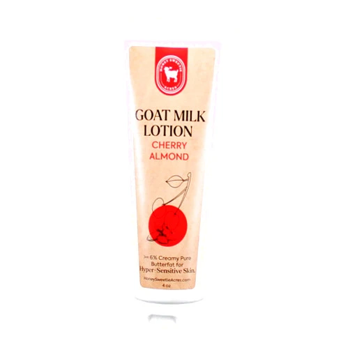 Honey Sweetie Acres Fresh Off The Goat All-Natural Goat Milk 4 oz Cherry Almond Body Lotion is a cruelty-free, handmade lotion that hydrates and moisturizes - Made in the USA