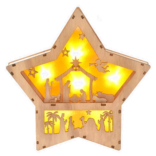 IDATOO Christmas Nativity Set, Wooden Star Shaped Nativity Scene LED Light, 3D Christmas Decor, Indoor Festive Ornament, Winter Decoration Centerpiece for Table Tiered Tray Fireplace Mantel (Star)