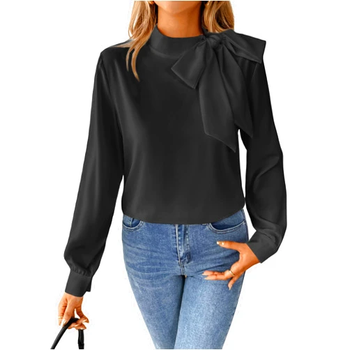 SOFIA'S CHOICE Women's Bow Tie Neck Corporate Outfits Long Sleeve Dressy Blouse Casual Business Shirt Top