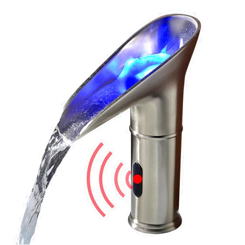 Gangang LED Waterfall Bathroom Touchless Faucet Brush Nickle Automatic Motion Sensor Lighted Colorful Water Tap Mixer with Control Box and Mixing Valve(LED Round Waterfall)