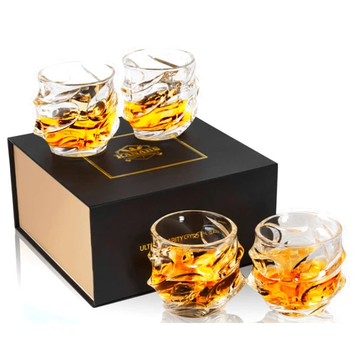 KANARS Old Fashioned Whiskey Glasses 11 Oz - Emperor Rocks Glasses Set of 4 for Bourbon Cocktail Scotch Snifter Malt Cognac - Heavy Crystal Bar Glassware - Unique Men Gift