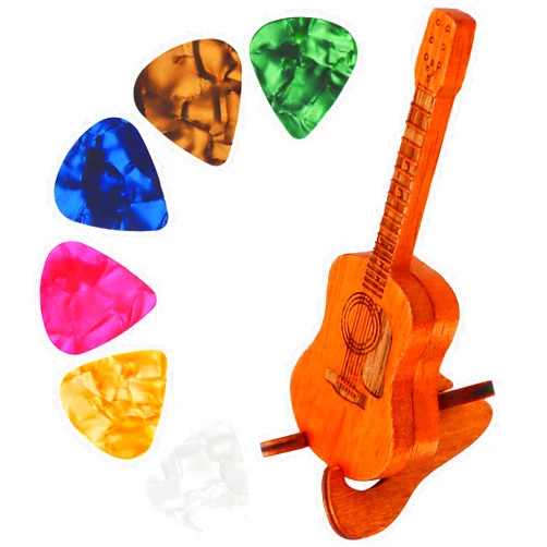 Lafo Wooden Acoustic Guitar Pick Box with Stand, 6PCS Celluloid Guitar Picks, Guitar Pick Holder Box, Musician Engraved Wooden Plectrum Case, Acoustic Guitar Box for Electric Bass Guitar Ukulele Lover