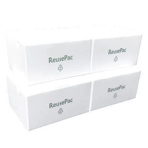 REUSEPAC Reusable Foldable Box Corrugated PP Lightweight, Storage Moving, Heavy Duty Stackable, Tape Free Self-Locking Lid for Business Home In/Outdoors (16x12x08 in, White 4 Pack)