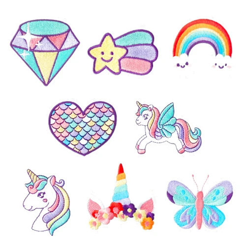 Kirako 8 Pcs Dreamy Unicorn Iron on Patches Cute Rainbow Star Heart Butterfly Diamond Sew on Embroidered Applique Repair Embroidery Patch DIY Craft Accessories for Kids Girls Clothing Backpack Hat