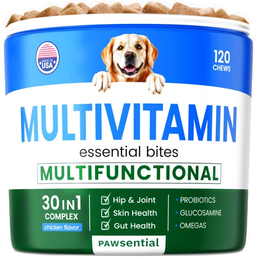 Pawsential Dog Vitamins & Supplements Chewable - Glucosamine Omega Probiotics - Dog Vitamins for Skin & Coat, Hip & Joint & Gut Health - Adult & Senior, Small & Large Breed - 120 Ct Beef