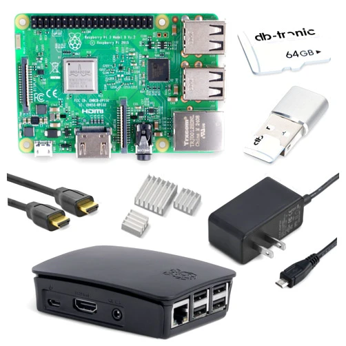 Db-tronic Raspberry Pi 3 B Starter Kit | Power Supply | Case | 64GB SD Card | HDMI Cable 1m | USB Card Reader | Heat Sink | Raspberry Pi 3 B 1GB RAM