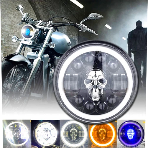 RWUJILONG 7 Inch Motorcycle Skull LED Headlight For Harley Davidson motorcycle lights, RGB Skull Led Headlight With DRL Hi/Lo Beam Amber Angel Eye Halo Ring Headlight Compatible With Street Classic King Softail