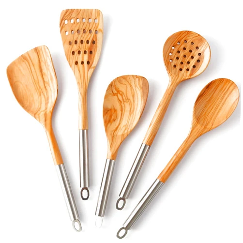 NAYAHOSE Olive Wooden Spoons for Cooking, NAYAHOSE 5 Pcs Cooking Utensils Set with Stainless Steel Handle, Heat-Resistant Olive Wood Spatulas for Non-Stick Pan