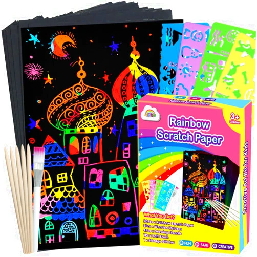 ZMLM Scratch Paper Art Set, 60 Pcs Rainbow Magic Scratch Paper for Kids Black Scratch Off Art Crafts Kits Notes with 5 Wooden Stylus for Girls Boys Toy Halloween Party Game Christmas Birthday Gift