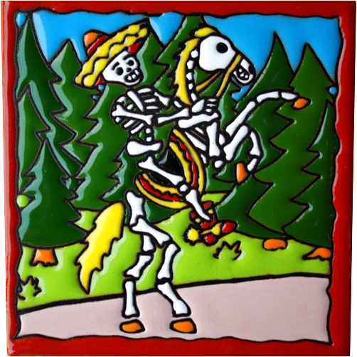 Fine Crafts Imports 6x6 Horse Rider. Day-of-The-Dead Clay Tile