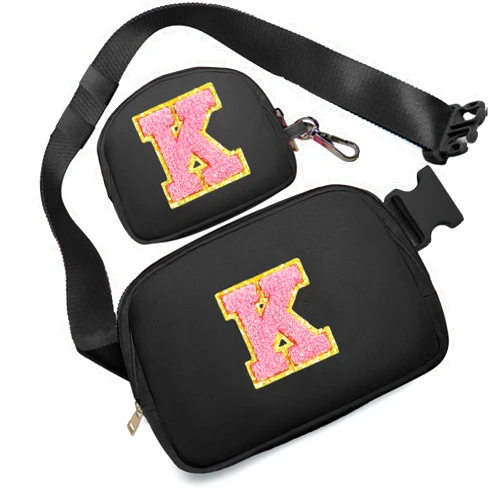 Sawgos Birthday Gifts for 4 5 6 7 8 9 10 11 12 13 Year Old Girls, Crossbody Bags Fanny Pack with Initial Letter Patch Cute Stuff for Women Girls Teens (K, Black)
