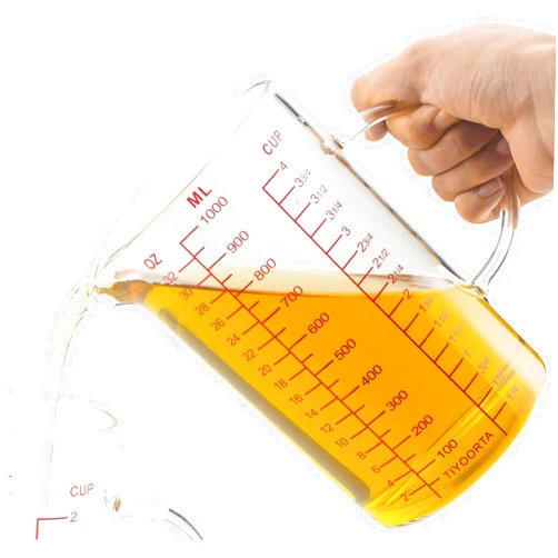 TIYOORTA Glass Measuring Cup with Handle, Three Scales (OZ, Cup, ML), V-Shaped Spout, Measuring Beaker for Kitchen or Restaurant, Easy to Read, by TIYOORTA (1000ML RED)