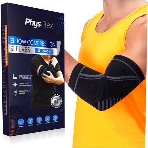 PhysFlex Elbow Brace 2 Pack for Tennis & Golfer's Elbow Pain Relief - Elbow Compression Sleeve for Weightlifting, Workout, Fitness, Arthritis, Bursitis - Tendonitis Elbow Brace for Men & Women