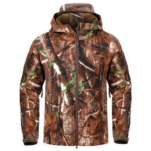 NAVEKULL Silent Hunting Clothes for Men Soft Shell Outdoor Hiking Jacket Camo Water Resistant Fleece Hooded Coat with Pockets